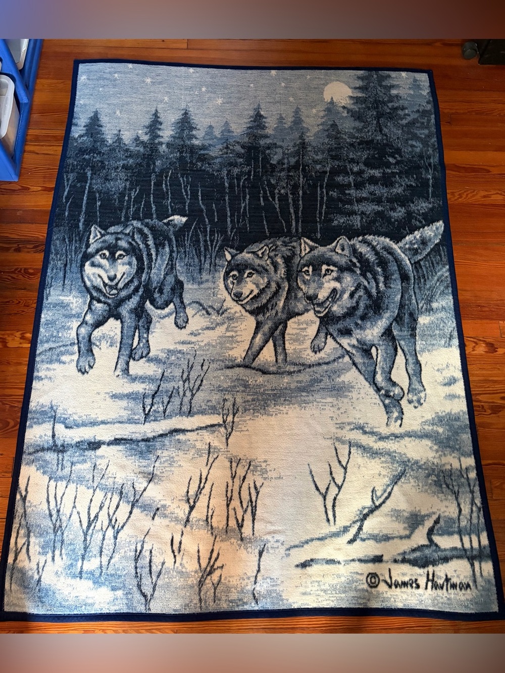 Vintage Biederlack Blanket Acrylic USA Made James Hautman Blue Wolves 77x55"
